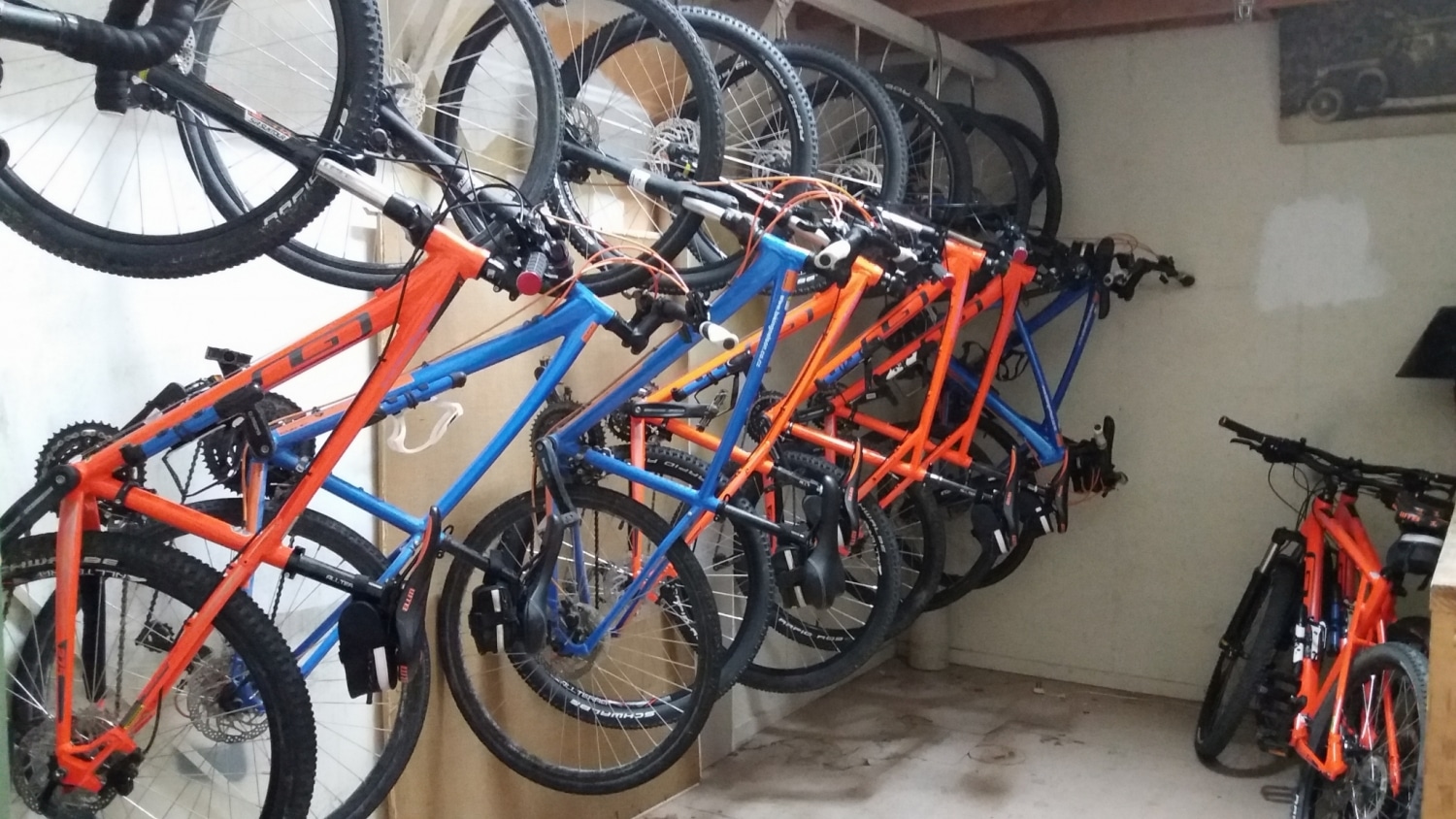 Lots of Bikes hanging up Inside Bike storage at Nelson Hostel