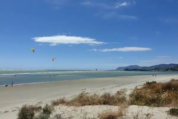 Kitesurfers learning and riding the waves at Tahunanui Beach with the Kiteskool in Nelson, New Zealand, under a sunny sky.